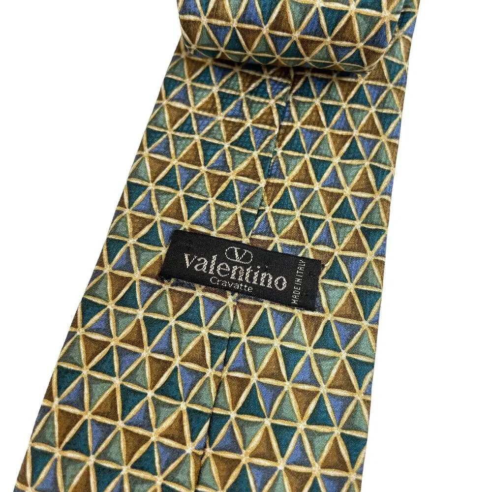 Vintage Valentino Cravatte Necktie Men's Gold Blue Geometric Silk Italy 1990s